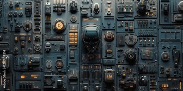Fototapeta Intricate alien spaceship control panel display with an alien mask