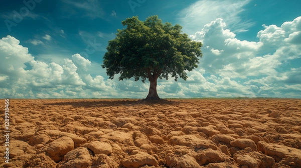 Fototapeta Solitary survivor: lone green tree defies arid, cracked earth—a stark symbol of resilience amid climate change and environmental destruction