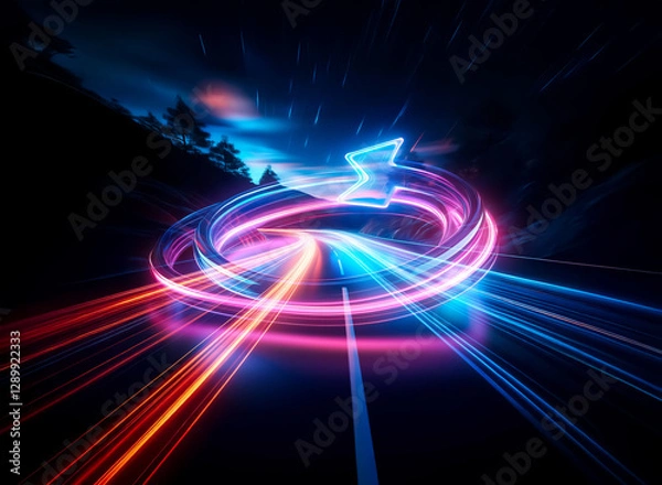 Fototapeta Vibrant double exposure art featuring a neon arrow spiraling with dynamic blue and red light trails set against a dark backdrop.