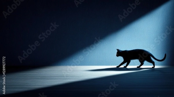 Fototapeta A silhouette of a black cat walking through a beam of light in a dimly lit room, creating a dramatic and mysterious atmosphere.