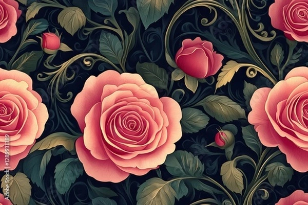 Obraz An elegant floral tapestry, with roses and lush foliage.- Seamless Pattern - Seamless Pattern
