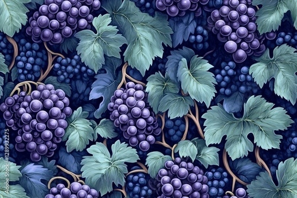 Obraz A pattern of ripe grapes with verdant leaves creates an inviting theme.- Seamless Pattern - Seamless Pattern