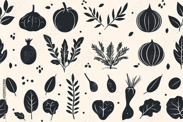 Fototapeta Botanical pattern with dark vegetables and leaves on a light background.- Seamless Pattern - Seamless Pattern