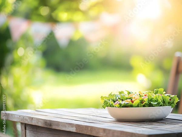 Fototapeta Fresh salad on rustic wooden table in sunny garden setting
