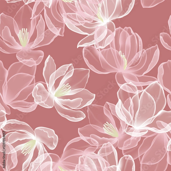 Obraz Floral seamless pattern features large, stylized white and pink magnolia flowers with a translucent or ghostly appearance on a solid terracotta-colored background, creating a light and airy design