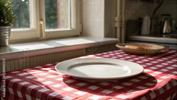 Fototapeta A cozy kitchen scene featuring a white plate on a red and white checkered tablecloth, with a window letting in natural light and a bowl of fresh fruit in the background.