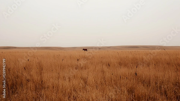 Fototapeta Lone horse grazing in vast, dry field; hazy sky