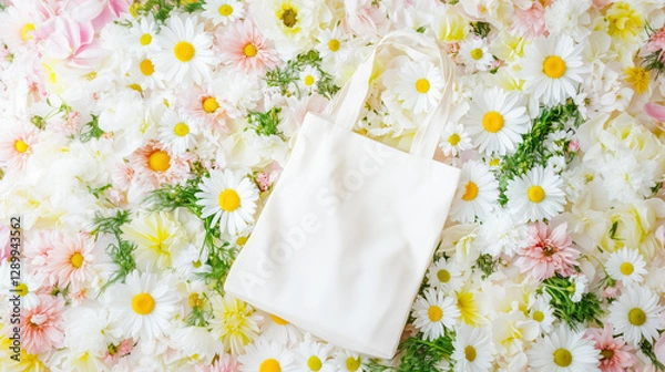 Fototapeta Mockup of blank white tote bag on white background surrounded variety of spring flowers pink and yellow color. Eco friendly cotton shopper for branding, design or logo placement shot from top angle.