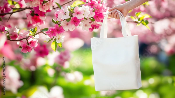 Fototapeta Woman hand hold white cotton tote bag mockup near a bloom branch tree with spring flower against the background of nature in the park. Eco shopper with space for text or design.