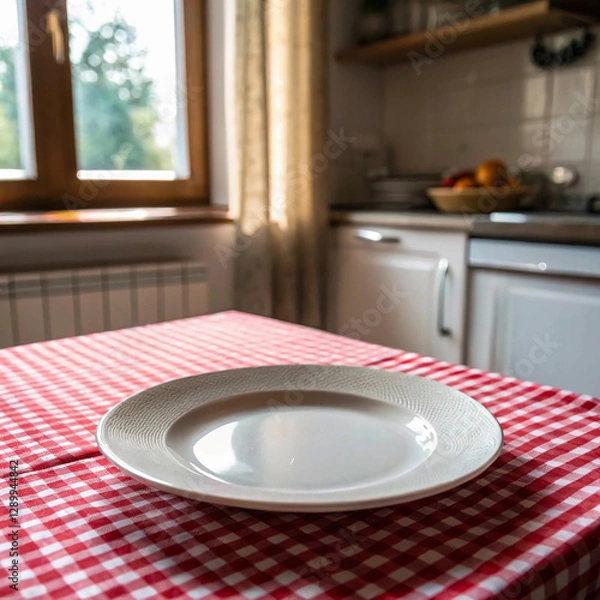 Fototapeta A simple yet inviting kitchen setup with a white plate on a red and white checkered tablecloth, complemented by a sunlit window and a bowl of fruit on the counter