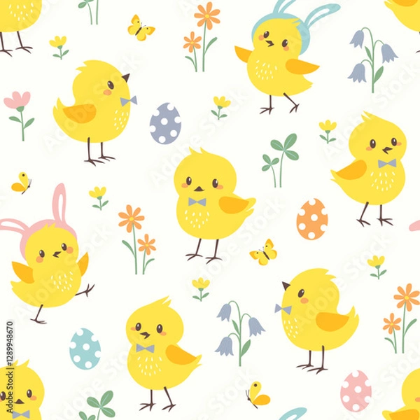 Obraz Easter vector seamless pattern with cute little chicks, Easter eggs and spring flowers in pastel colors on white background.