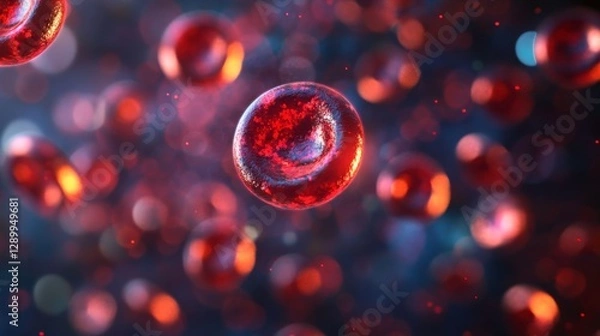 Fototapeta Abstract Red Cell Structure with Glittering Elements in Background