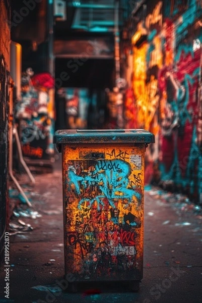 Fototapeta Graffiti-Covered Trash Can in Urban Alleyway Grungy, Colorful, and Textured Street Art.