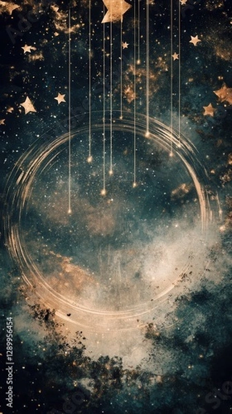 Fototapeta Celestial Abstract Background with Golden Stars, Glowing Orbs, and Grunge Texture for Dreamy and Magical Designs.