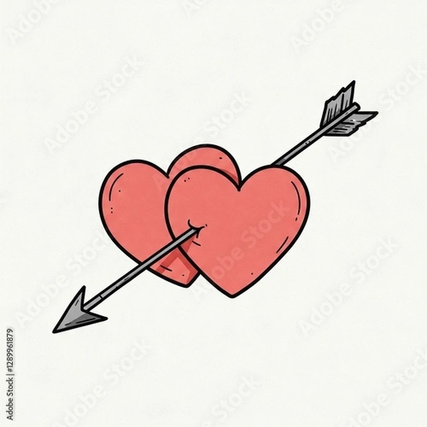 Fototapeta Two hearts pierced by a single arrow against a white background.