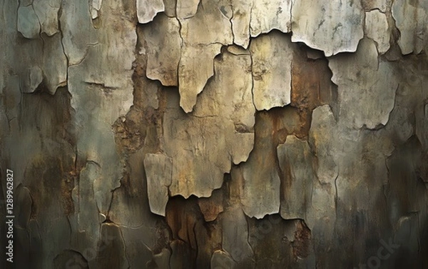 Fototapeta Highly Detailed Close-Up of Flaky, Textured Tree Bark with Varied Color Palette.