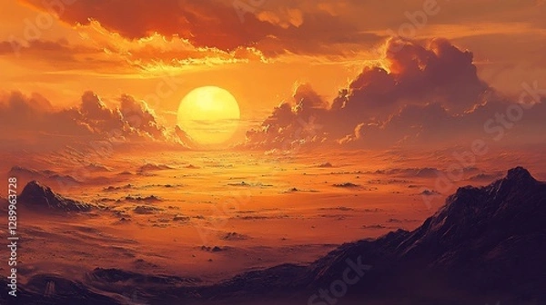 Fototapeta Golden sunset over alien landscape with dramatic clouds and rocky mountains on a fiery sky