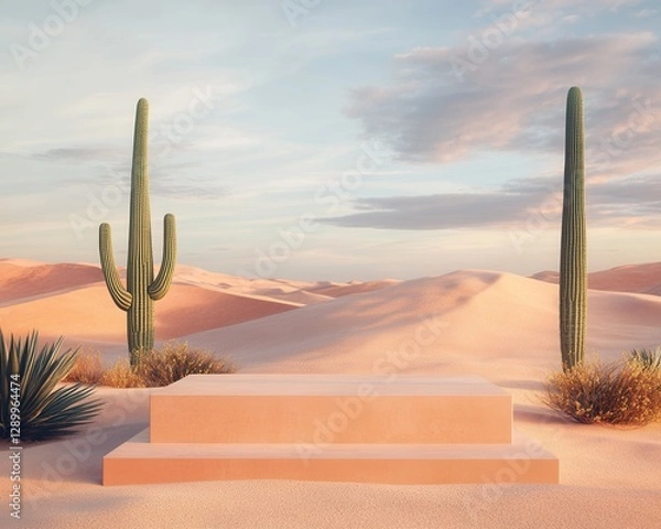 Fototapeta Elegant Product Display Platform in Arid Desert Landscape with Cacti and Pastel Sky