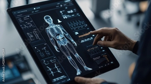 Obraz Futuristic AI powered healthcare assistant with real time medical data visualization and 3D anatomical models for advanced patient monitoring diagnostics and treatment planning