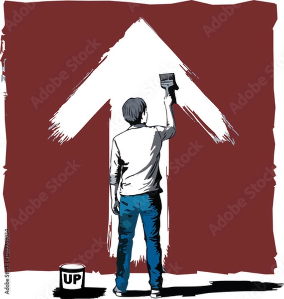 Obraz young man paints up arrow
