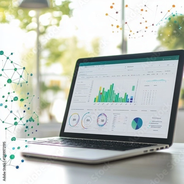 Obraz Analyze Business Data Insights with Laptop Discover financial trends and investment opportunities, using modern technology for market analysis, growth strategies, and stock tracking Monitor