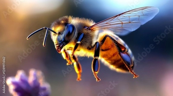 Fototapeta Honeybee in Flight  Closeup Macro Photography  Golden Hour  Nature Insect