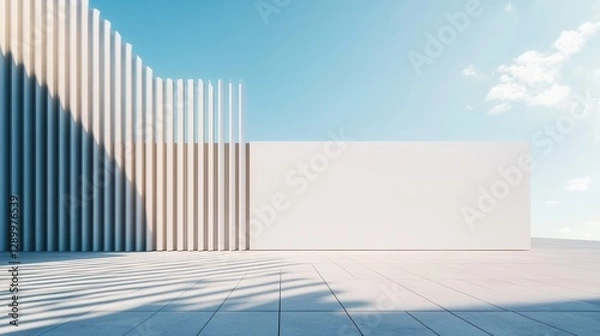 Fototapeta Minimalist Architecture White Concrete Wall, Pillars, and Tile Floor Against a Clear Blue Sky