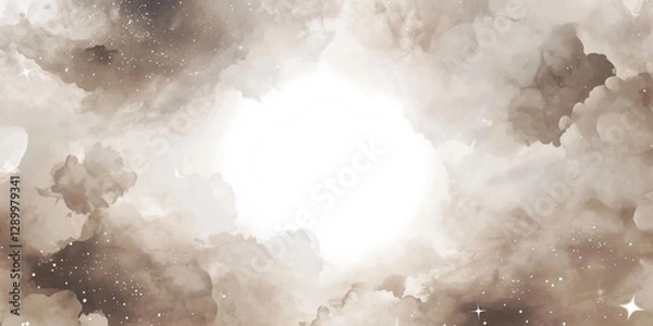 Fototapeta Ethereal Watercolor Cloudscape Background with Stars and Soft Sepia Tones.