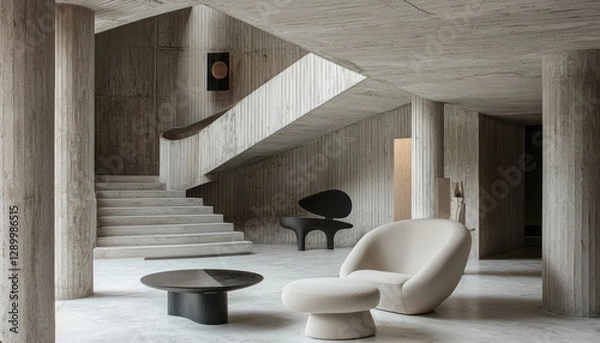 Fototapeta Neo Brutalism comes to life in a stark concrete interior, where sharp lines and shadows define the minimalist space, perfect for showcasing sleek modern displays