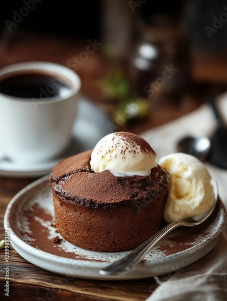 Fototapeta A rich chocolate soufflé with a scoop of melting vanilla ice cream 