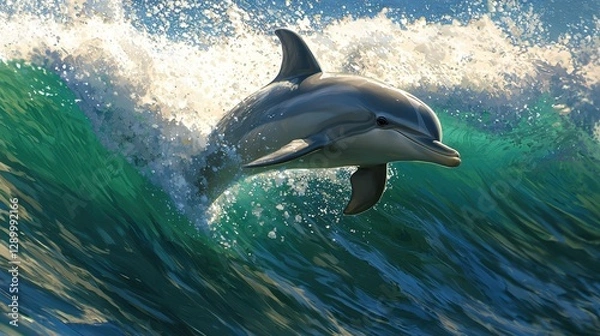 Fototapeta A dolphin leaps joyfully from the crest of a wave, showcasing its agility and grace against a backdrop of vibrant ocean colors.