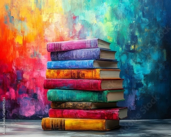 Fototapeta A vivid stack of colorful books against a bright, abstract background.