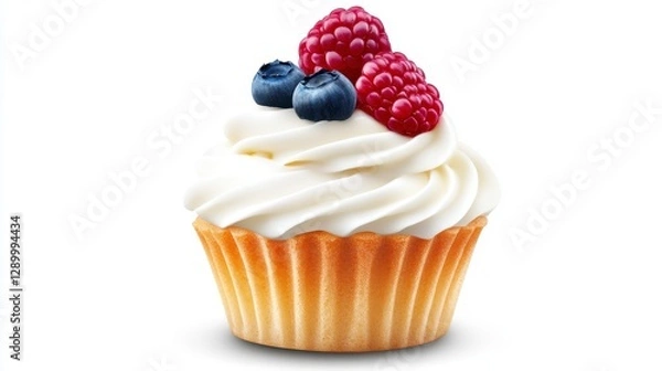 Obraz Indulge in the Sweetest Delight A Captivating Close-Up of a Scrumptious Cupcake Topped with Fluffy White Frosting, Fresh Blueberries, and Vibrant Raspberries, Perfect for Dessert Lovers and Baking