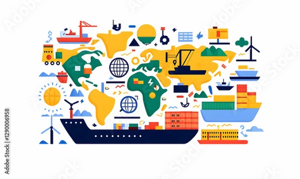 Fototapeta Global Trade Systems Visualization, a flat vector illustration depicting interconnected trade routes, economic exchanges, and international markets.