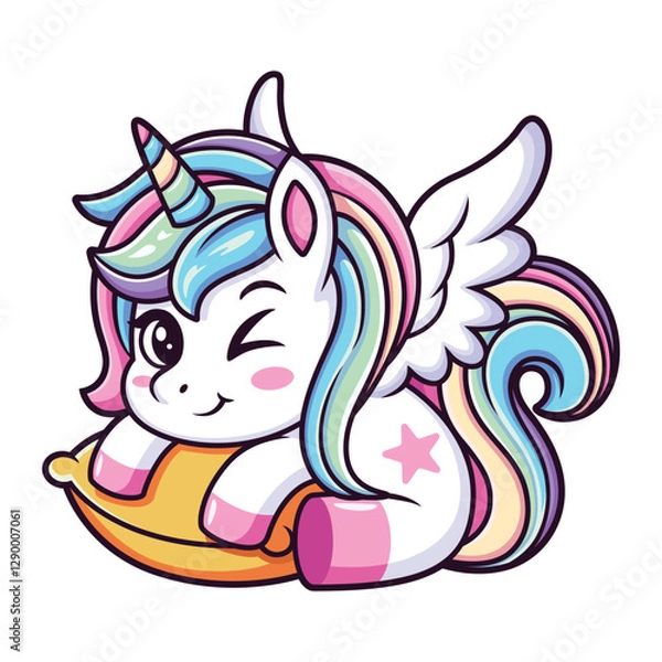 Fototapeta A cute unicorn. A hand drawn pony with pillow isolated on white background. It can be used for printing, textiles, web design. Vector illustration