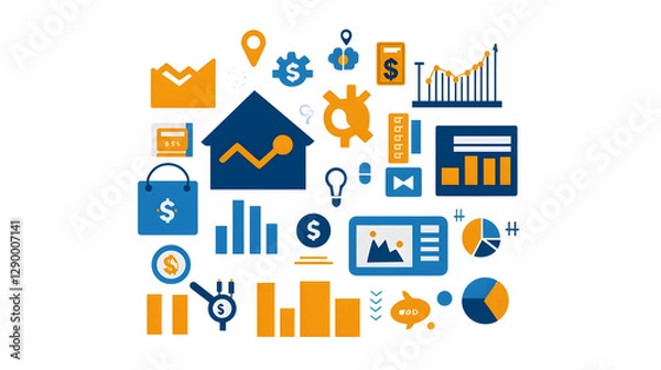 Fototapeta Investment Management Icon Collection, a flat vector set featuring diverse symbols representing finance, growth, strategy, and analysis.