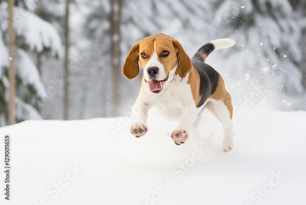 Fototapeta Playful Beagle Enjoying Winter Wonderland Scenery