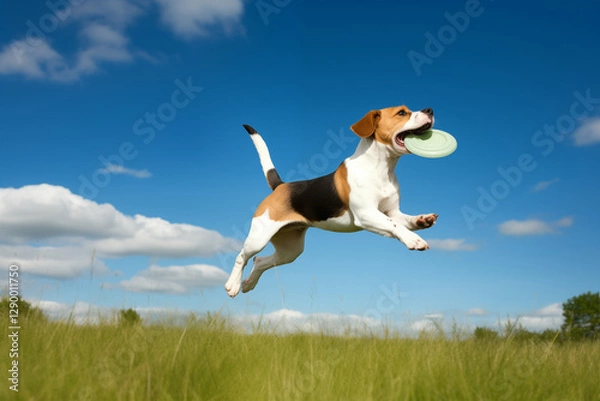 Fototapeta Mid-Air Action Shot of a Beagle Playing with a Frisbee