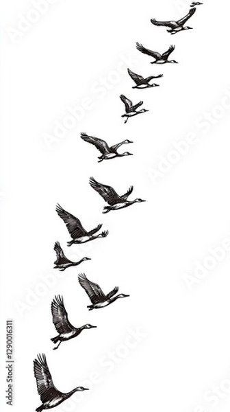 Fototapeta Geese in Flight Aerial Migration Across a Clear Sky - Nature's Spectacle Unveiled