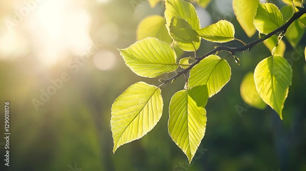 Fototapeta Bright Sunlight Illuminating Green Leaves on a Tree Branch