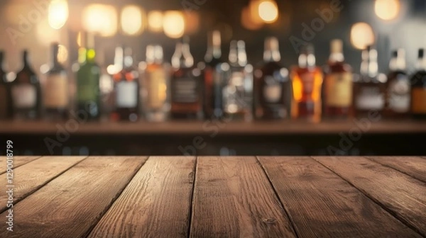 Fototapeta Wooden Bar Counter with Blurred Bottles of Alcohol in Background