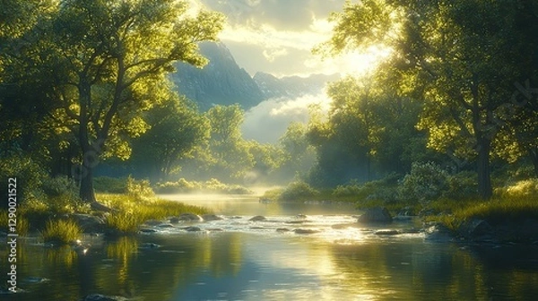 Fototapeta creation genesis god planted a garden in a place called eden serene river flowing in a lush valley