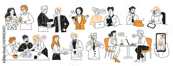 Fototapeta Businesspeople activities color linear icons collection. Engaging in corporate workflow professionals doodle characters on white background