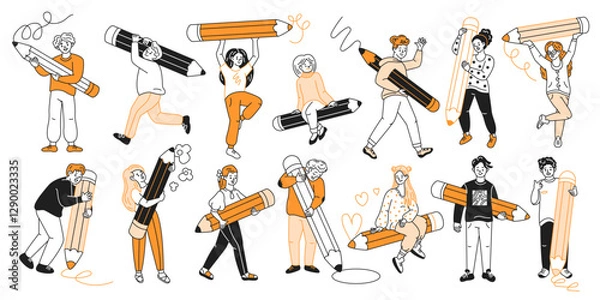 Fototapeta Copywriters designers artists with pencils color linear icons collection. People with creative jobs doodle characters on white background