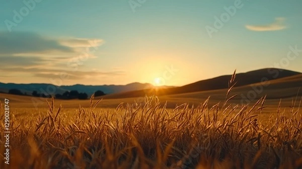 Fototapeta Wheat Field at Sunset with Golden Sunlight and Rolling Hills Landscape Warm Color Cast