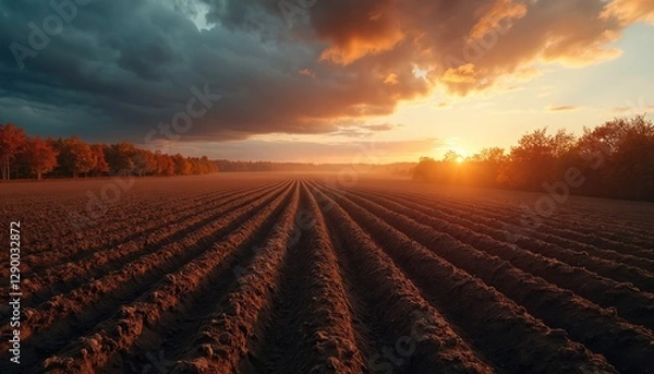 Fototapeta Plowed field with dramatic sky at golden sunset in autumn. Tree line. Rural scenic farmland landscape. Brown earth texture. Harvest time in countryside. Sunlight evening warm glow. Agriculture