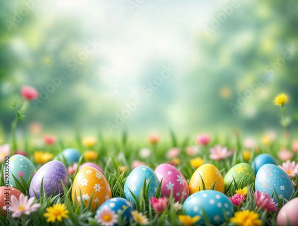 Obraz Easter day background with colorful decorated eggs in a grassy field. Copy space.