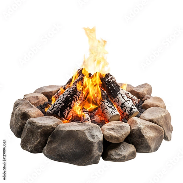 Fototapeta A Glowing Intense Flame from a Fire Pit Surrounded by Rocks Isolated on Transparent Background