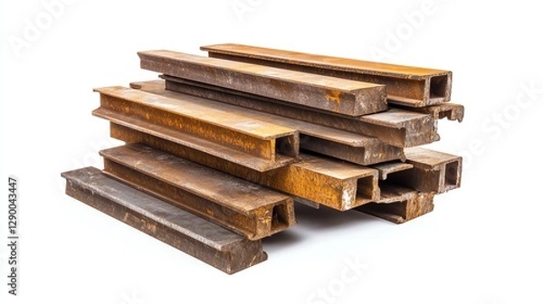 Fototapeta Stack of rusty steel rails on a white isolated background.