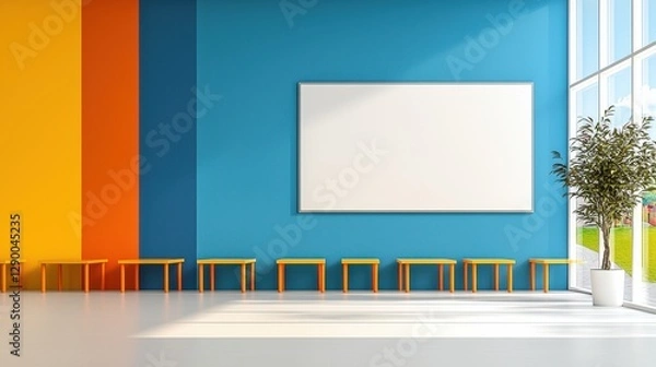 Fototapeta Bright Colorful Workspace With Orange Tables And Blue Walls, Inviting Atmosphere For Zoom Background In Online Presentations